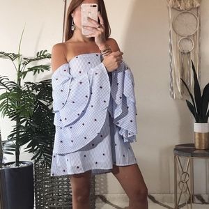 striped embroidery rose off shoulder dress